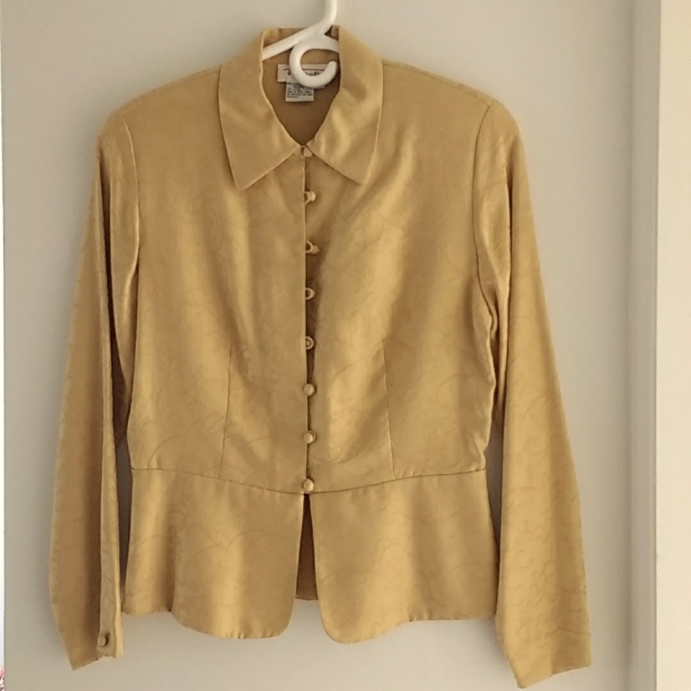 Gold Collared Long Sleeve Peplum Shirt Jacquard Floral Print Vintage Talbots